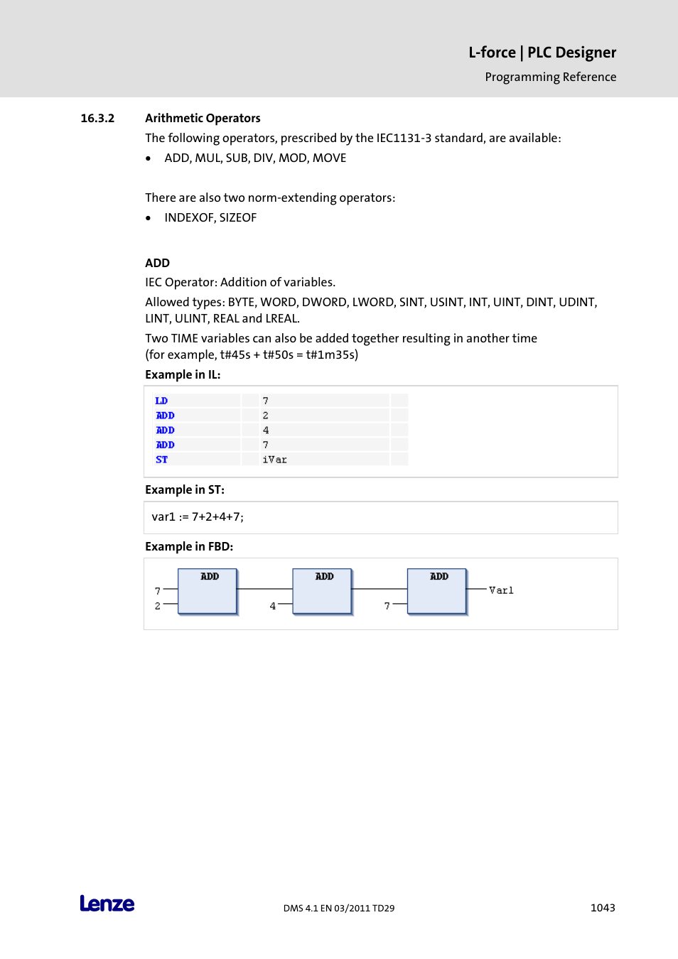 Arithmetic operators, Arithmetic operators 3, L-force | plc designer | Lenze PLC Designer PLC Designer (R3-1) User Manual | Page 1045 / 1170