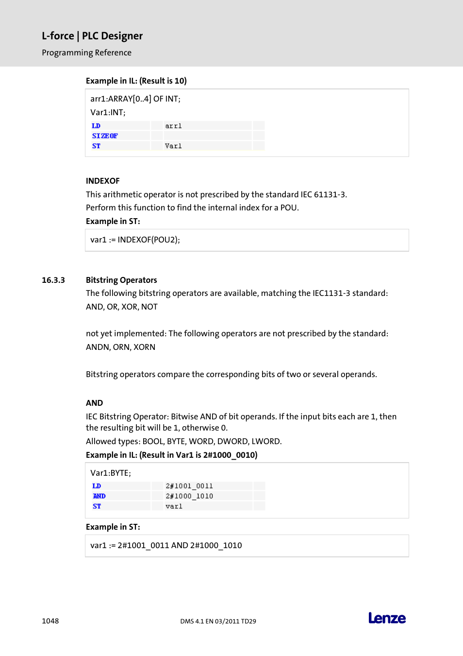 Indexof, Bitstring operators, Bitstring operators 8 | L-force | plc designer | Lenze PLC Designer PLC Designer (R3-1) User Manual | Page 1050 / 1170