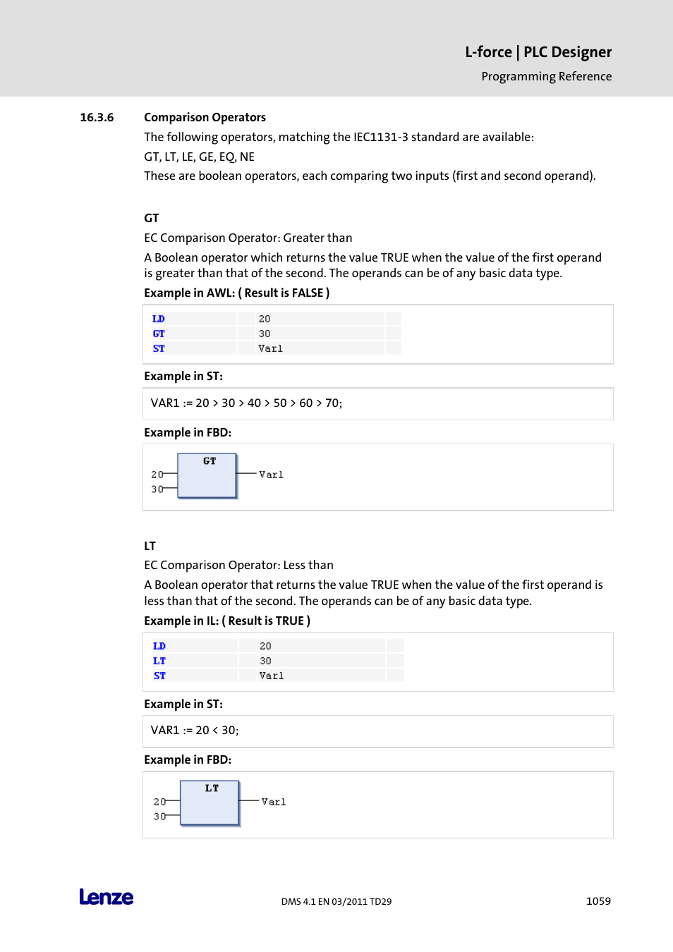 Comparison operators, Comparison operators 9, L-force | plc designer | Lenze PLC Designer PLC Designer (R3-1) User Manual | Page 1061 / 1170