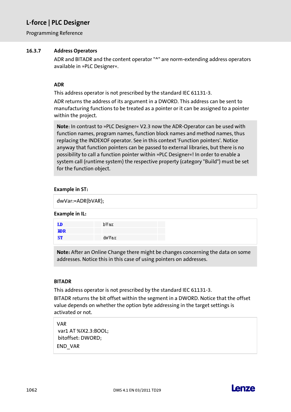 Address operators, Bitadr, Address operators 2 | L-force | plc designer | Lenze PLC Designer PLC Designer (R3-1) User Manual | Page 1064 / 1170