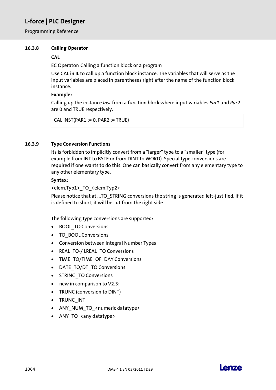 Calling operator, Type conversion functions, Calling operator 4 | Type conversion functions 4, L-force | plc designer | Lenze PLC Designer PLC Designer (R3-1) User Manual | Page 1066 / 1170