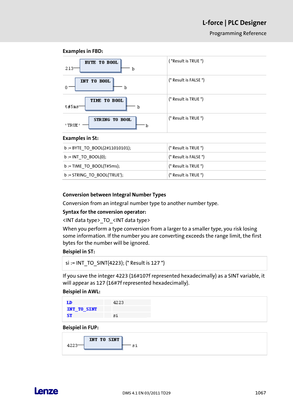 Conversion between integral number types, L-force | plc designer | Lenze PLC Designer PLC Designer (R3-1) User Manual | Page 1069 / 1170