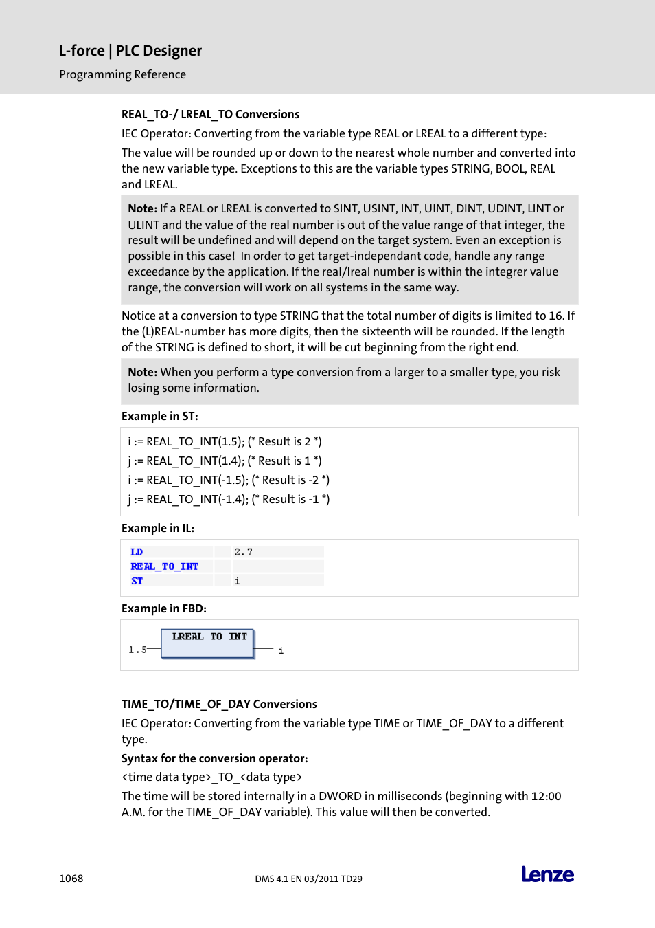 Real_to-/ lreal_to conversions, Time_to/time_of_day conversions, L-force | plc designer | Lenze PLC Designer PLC Designer (R3-1) User Manual | Page 1070 / 1170