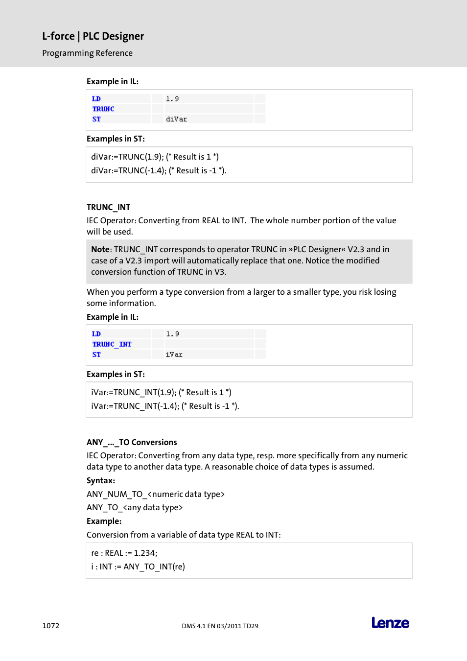 Trunc_int, Any_..._to conversions, L-force | plc designer | Lenze PLC Designer PLC Designer (R3-1) User Manual | Page 1074 / 1170