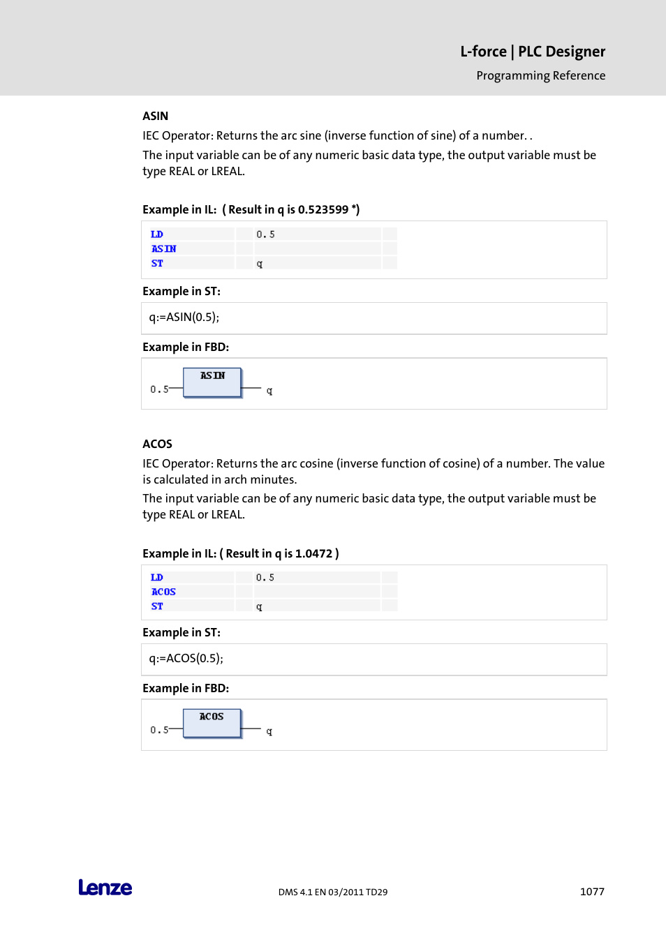 Asin, Acos, L-force | plc designer | Lenze PLC Designer PLC Designer (R3-1) User Manual | Page 1079 / 1170