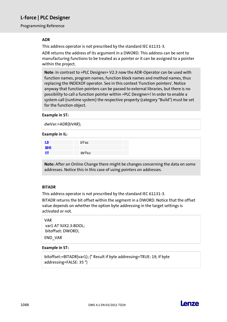 Bitadr, L-force | plc designer | Lenze PLC Designer PLC Designer (R3-1) User Manual | Page 1090 / 1170