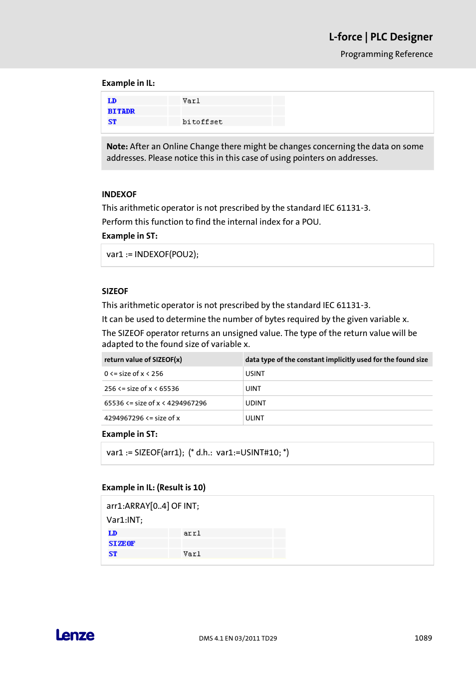 Indexof, Sizeof, L-force | plc designer | Lenze PLC Designer PLC Designer (R3-1) User Manual | Page 1091 / 1170