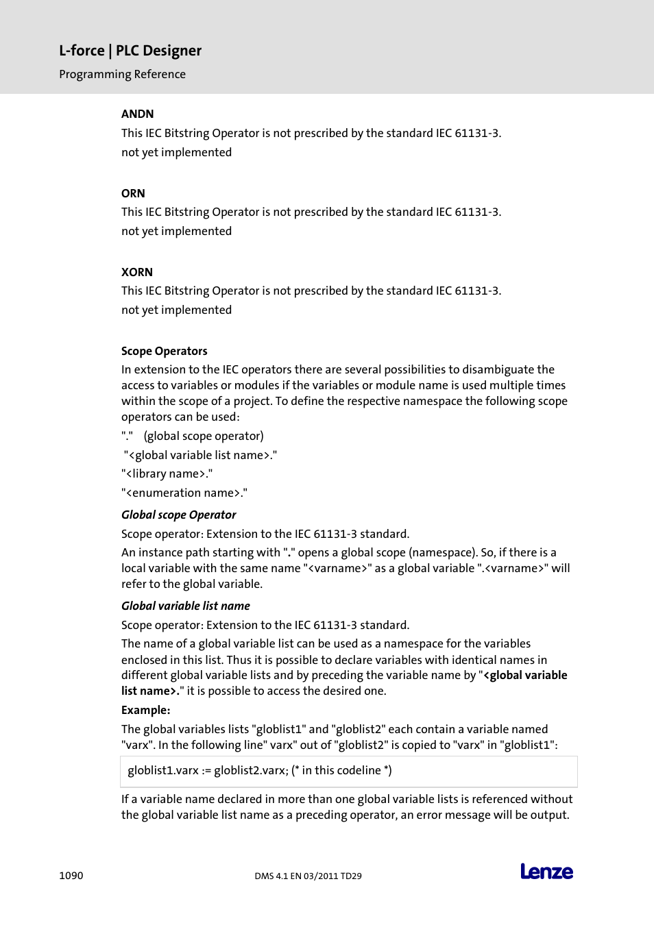 Andn, Xorn, Scope operators | Global scope operator, Global variable list name, L-force | plc designer | Lenze PLC Designer PLC Designer (R3-1) User Manual | Page 1092 / 1170