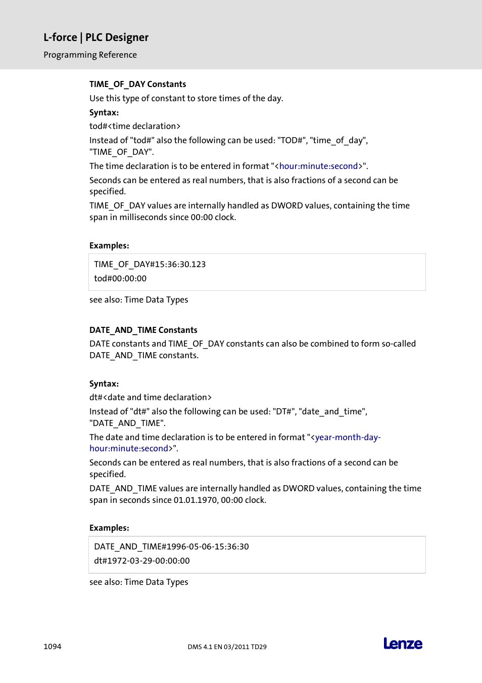 Time_of_day constants, Date_and_time constants, L-force | plc designer | Lenze PLC Designer PLC Designer (R3-1) User Manual | Page 1096 / 1170