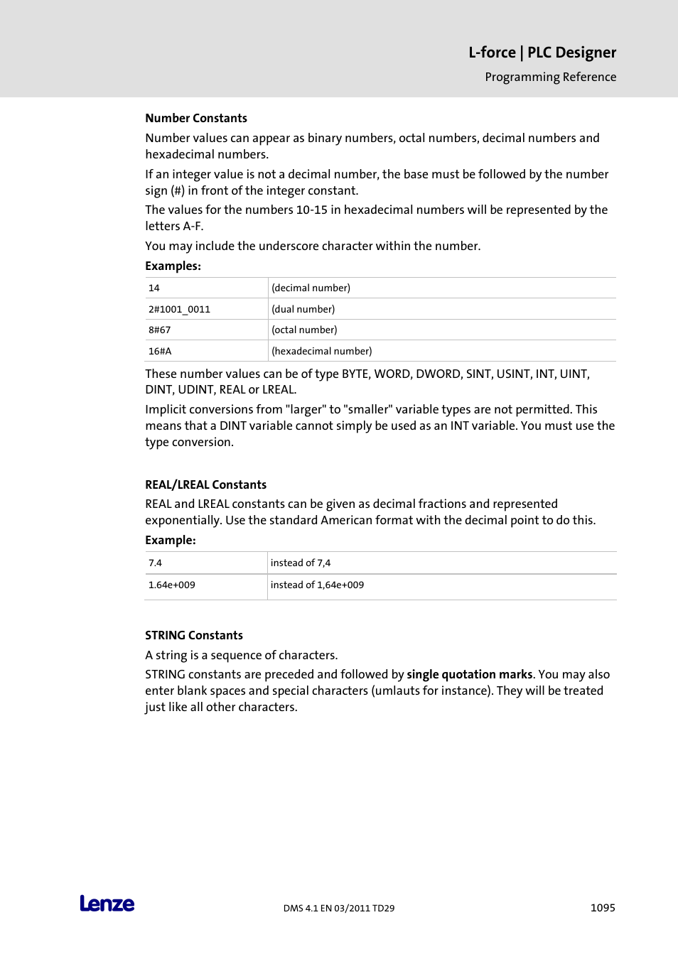 Number constants, Real/lreal constants, String constants | L-force | plc designer | Lenze PLC Designer PLC Designer (R3-1) User Manual | Page 1097 / 1170