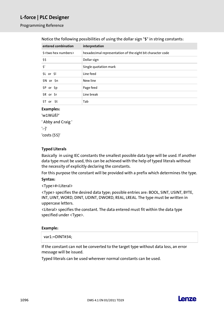 Typed literals, L-force | plc designer | Lenze PLC Designer PLC Designer (R3-1) User Manual | Page 1098 / 1170