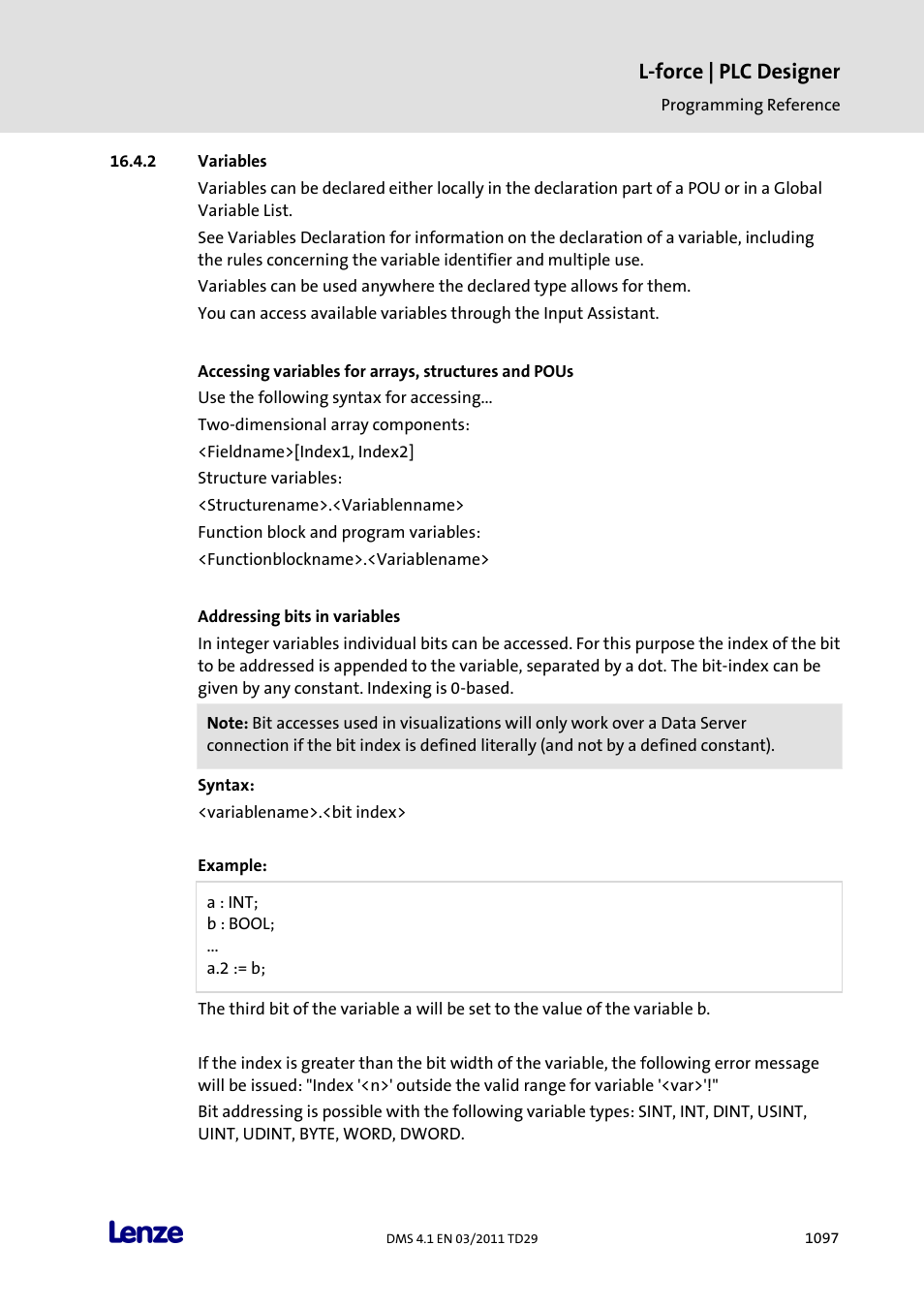 Variables, Addressing bits in variables, Variables 7 | L-force | plc designer | Lenze PLC Designer PLC Designer (R3-1) User Manual | Page 1099 / 1170