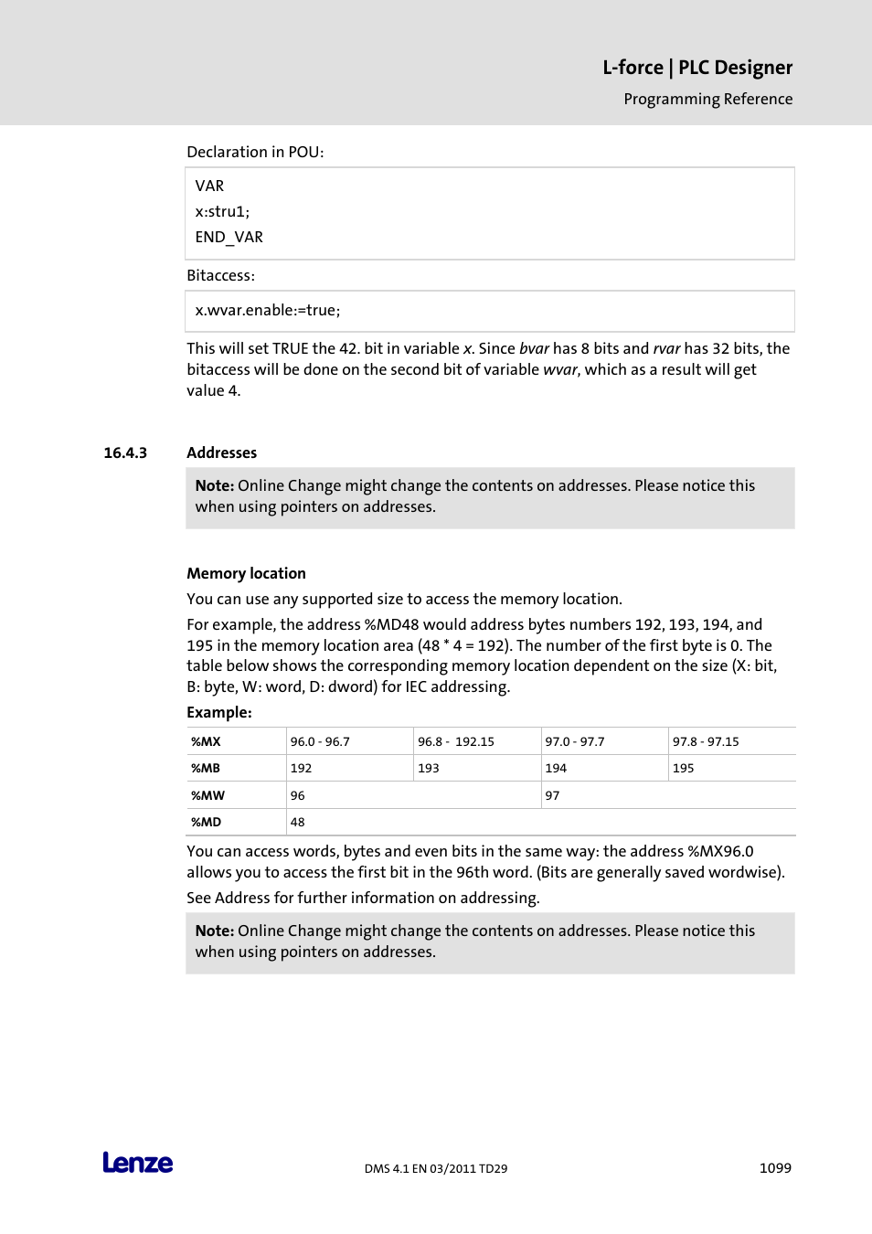 Addresses, Memory location, Addresses 9 | L-force | plc designer | Lenze PLC Designer PLC Designer (R3-1) User Manual | Page 1101 / 1170