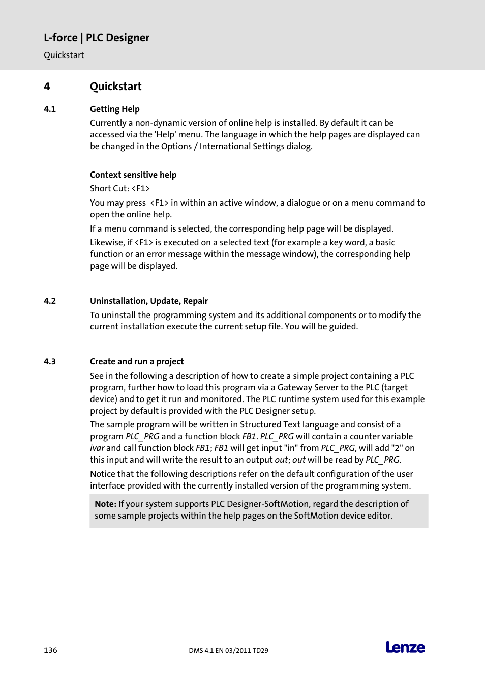 4 quickstart, Getting help, Uninstallation, update, repair | Create and run a project, Quickstart, L-force | plc designer, 4quickstart | Lenze PLC Designer PLC Designer (R3-1) User Manual | Page 138 / 1170