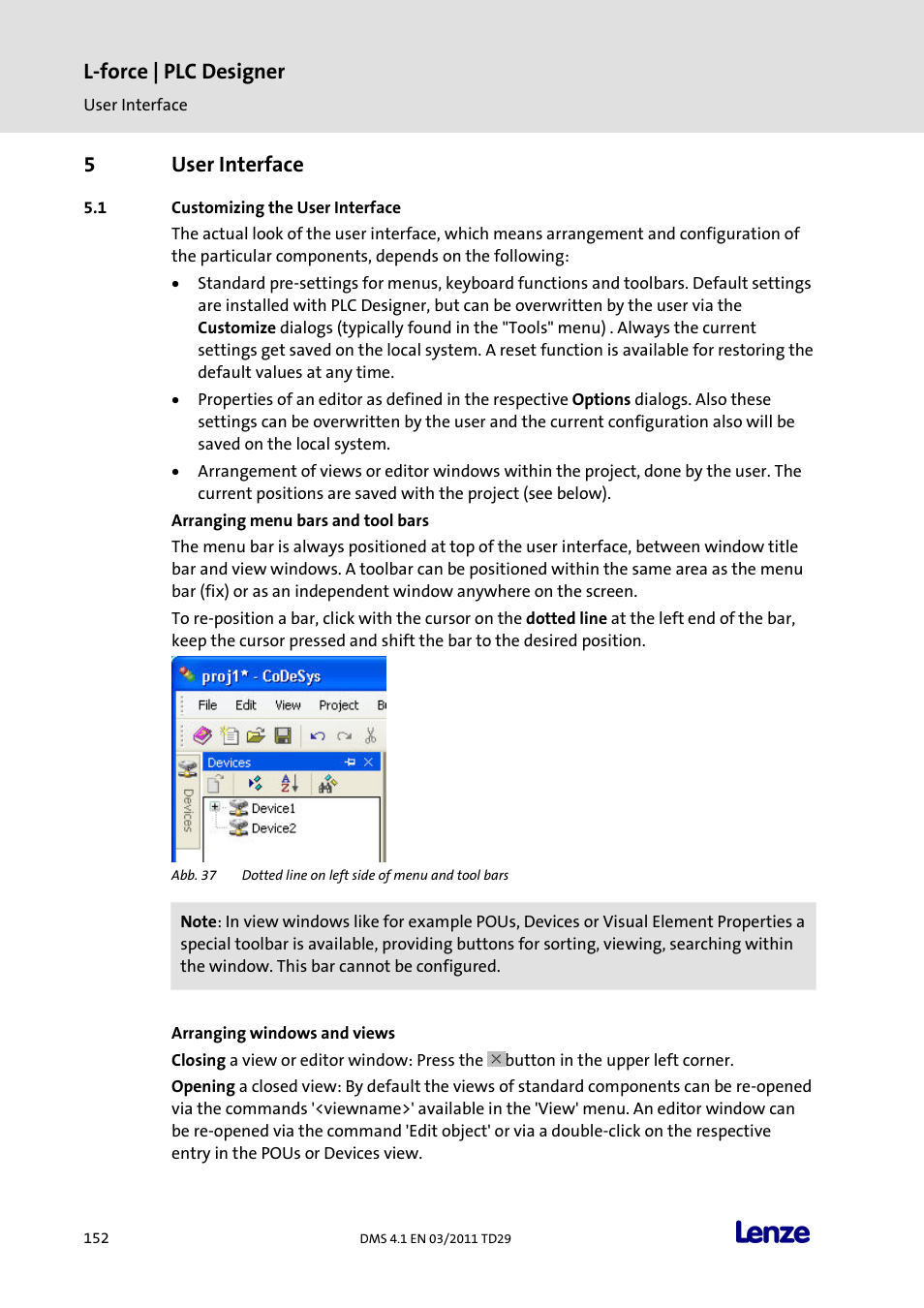 5 user interface, Customizing the user interface, User interface | L-force | plc designer, 5user interface | Lenze PLC Designer PLC Designer (R3-1) User Manual | Page 154 / 1170