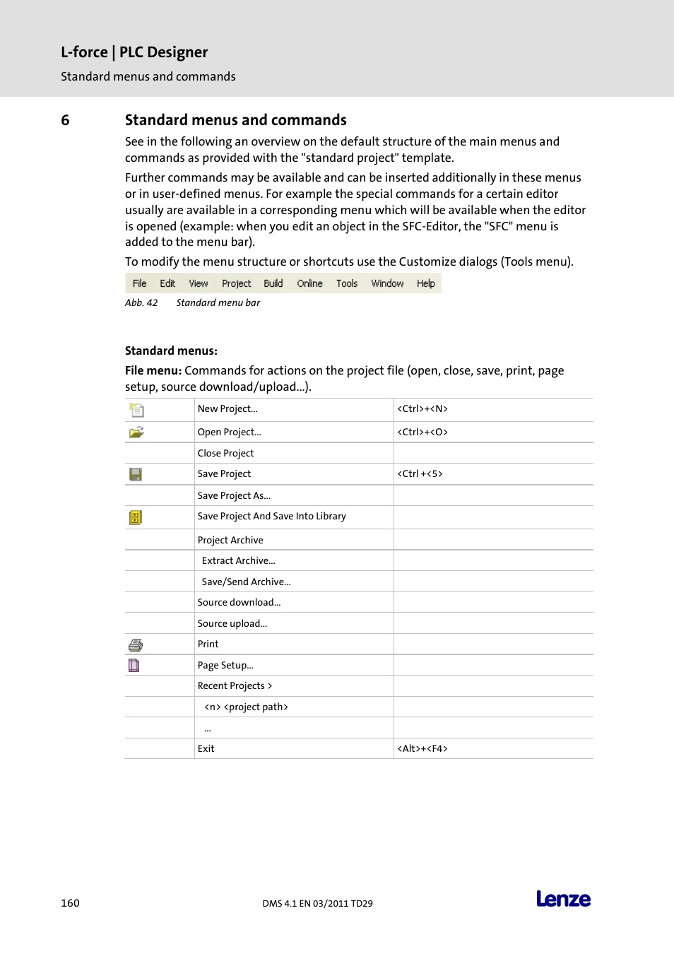 6 standard menus and commands, Standard menus and commands, L-force | plc designer | 6standard menus and commands | Lenze PLC Designer PLC Designer (R3-1) User Manual | Page 162 / 1170