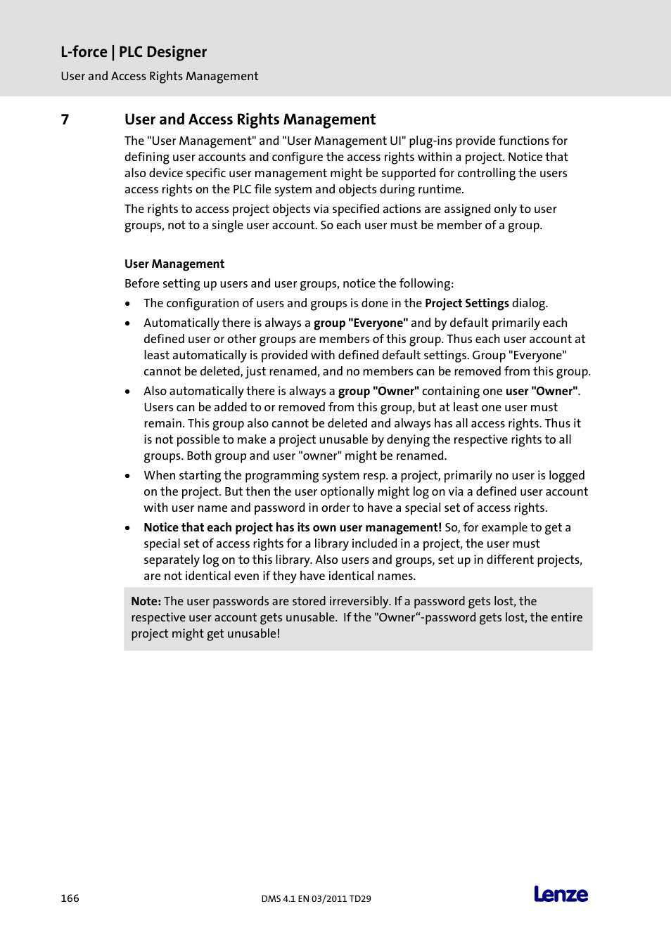 7 user and access rights management, User and access rights management, L-force | plc designer | 7user and access rights management | Lenze PLC Designer PLC Designer (R3-1) User Manual | Page 168 / 1170