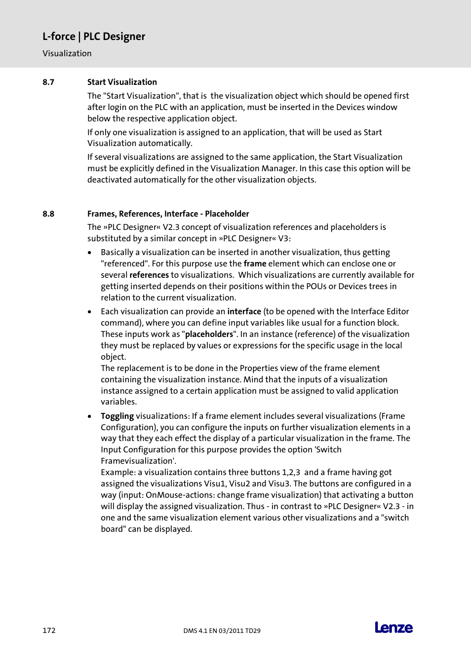 Start visualization, Frames, references, interface - placeholder, L-force | plc designer | Lenze PLC Designer PLC Designer (R3-1) User Manual | Page 174 / 1170