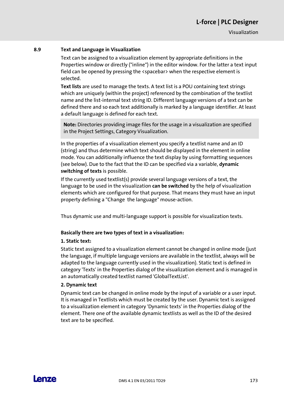 Text and language in visualization, L-force | plc designer | Lenze PLC Designer PLC Designer (R3-1) User Manual | Page 175 / 1170