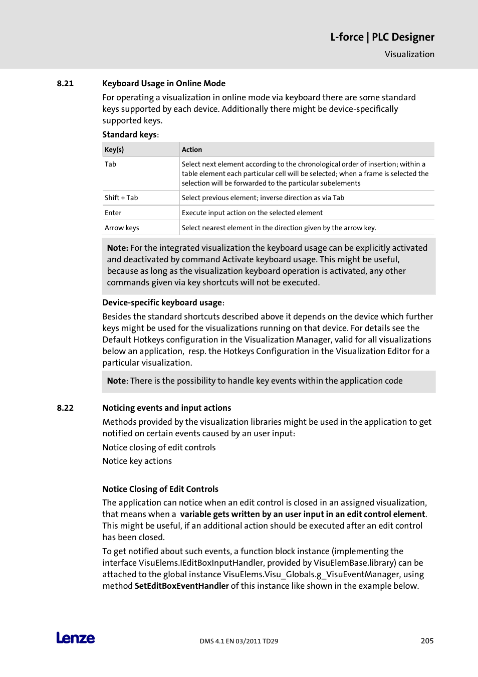 Keyboard usage in online mode, Noticing events and input actions, L-force | plc designer | Lenze PLC Designer PLC Designer (R3-1) User Manual | Page 207 / 1170