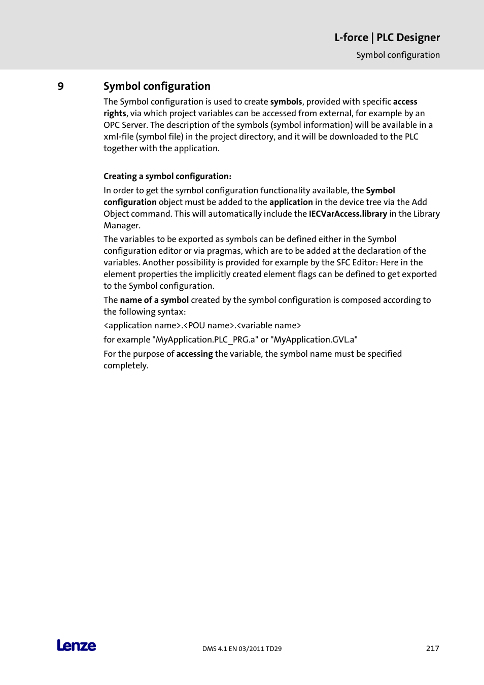 9 symbol configuration, Symbol configuration, L-force | plc designer | 9symbol configuration | Lenze PLC Designer PLC Designer (R3-1) User Manual | Page 219 / 1170