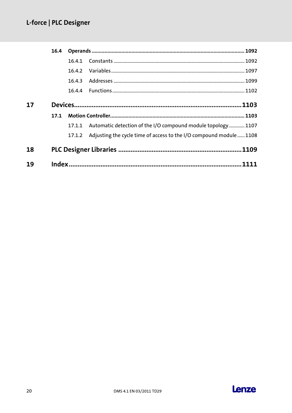 L-force | plc designer, Devices 3, Plc designer libraries 9 | Index 1 | Lenze PLC Designer PLC Designer (R3-1) User Manual | Page 22 / 1170