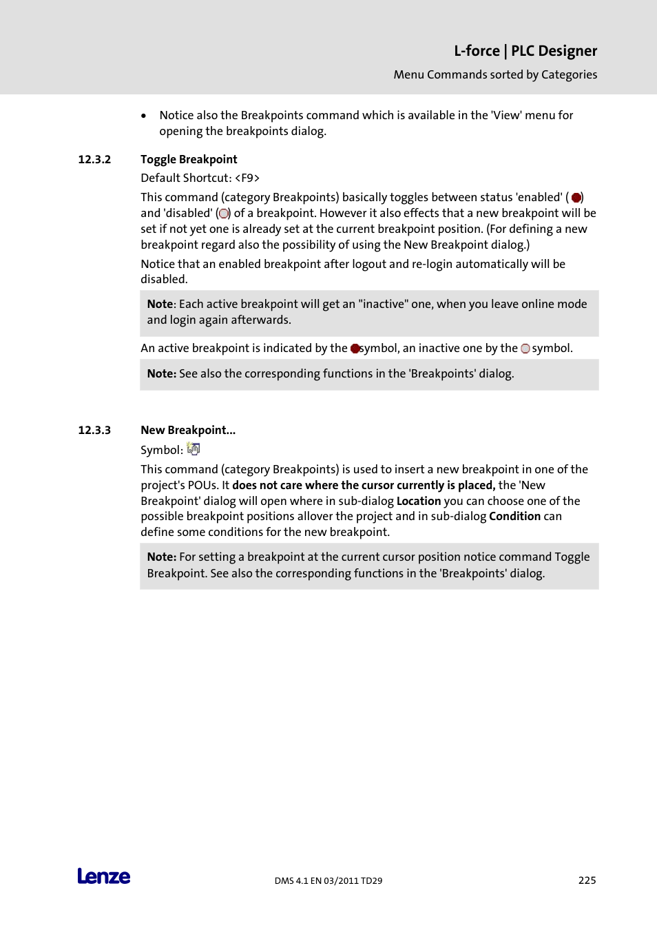 Toggle breakpoint, New breakpoint, L-force | plc designer | Lenze PLC Designer PLC Designer (R3-1) User Manual | Page 227 / 1170