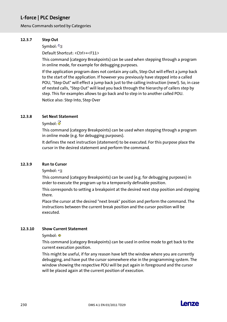 Step out, Set next statement, Run to cursor | Show current statement, L-force | plc designer | Lenze PLC Designer PLC Designer (R3-1) User Manual | Page 232 / 1170