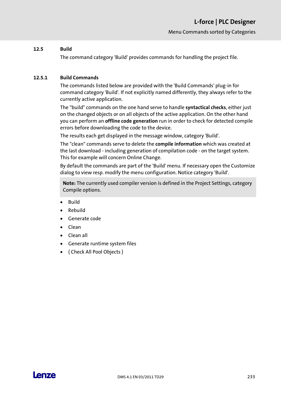 Build, Build commands, L-force | plc designer | Lenze PLC Designer PLC Designer (R3-1) User Manual | Page 235 / 1170