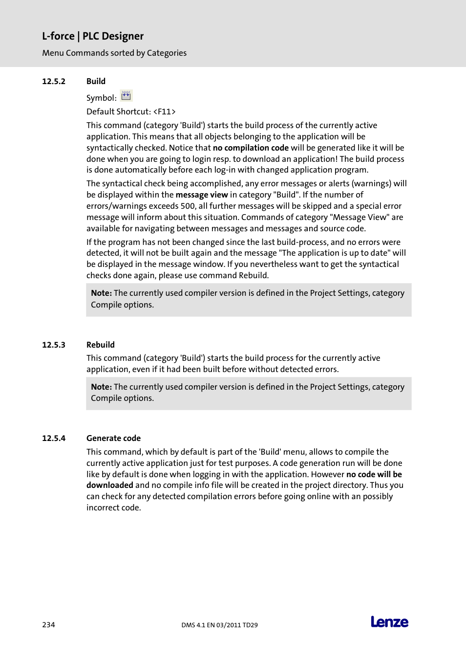 Build, Rebuild, Generate code | L-force | plc designer | Lenze PLC Designer PLC Designer (R3-1) User Manual | Page 236 / 1170