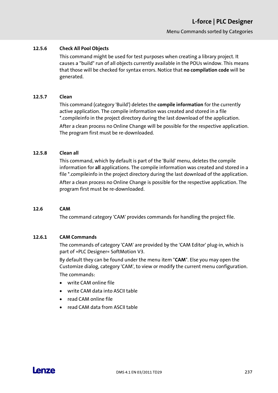 Check all pool objects, Clean, Clean all | Cam commands, L-force | plc designer | Lenze PLC Designer PLC Designer (R3-1) User Manual | Page 239 / 1170