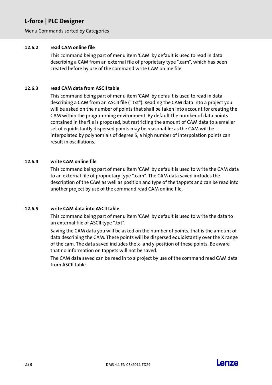 Read cam online file, Read cam data from ascii table, Write cam online file | Write cam data into ascii table, L-force | plc designer | Lenze PLC Designer PLC Designer (R3-1) User Manual | Page 240 / 1170