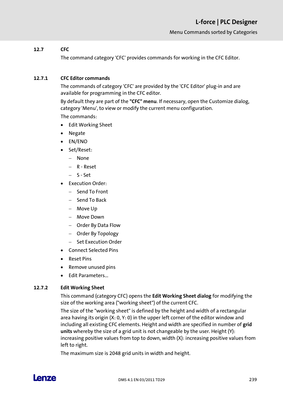 Cfc editor commands, Edit working sheet, L-force | plc designer | Lenze PLC Designer PLC Designer (R3-1) User Manual | Page 241 / 1170