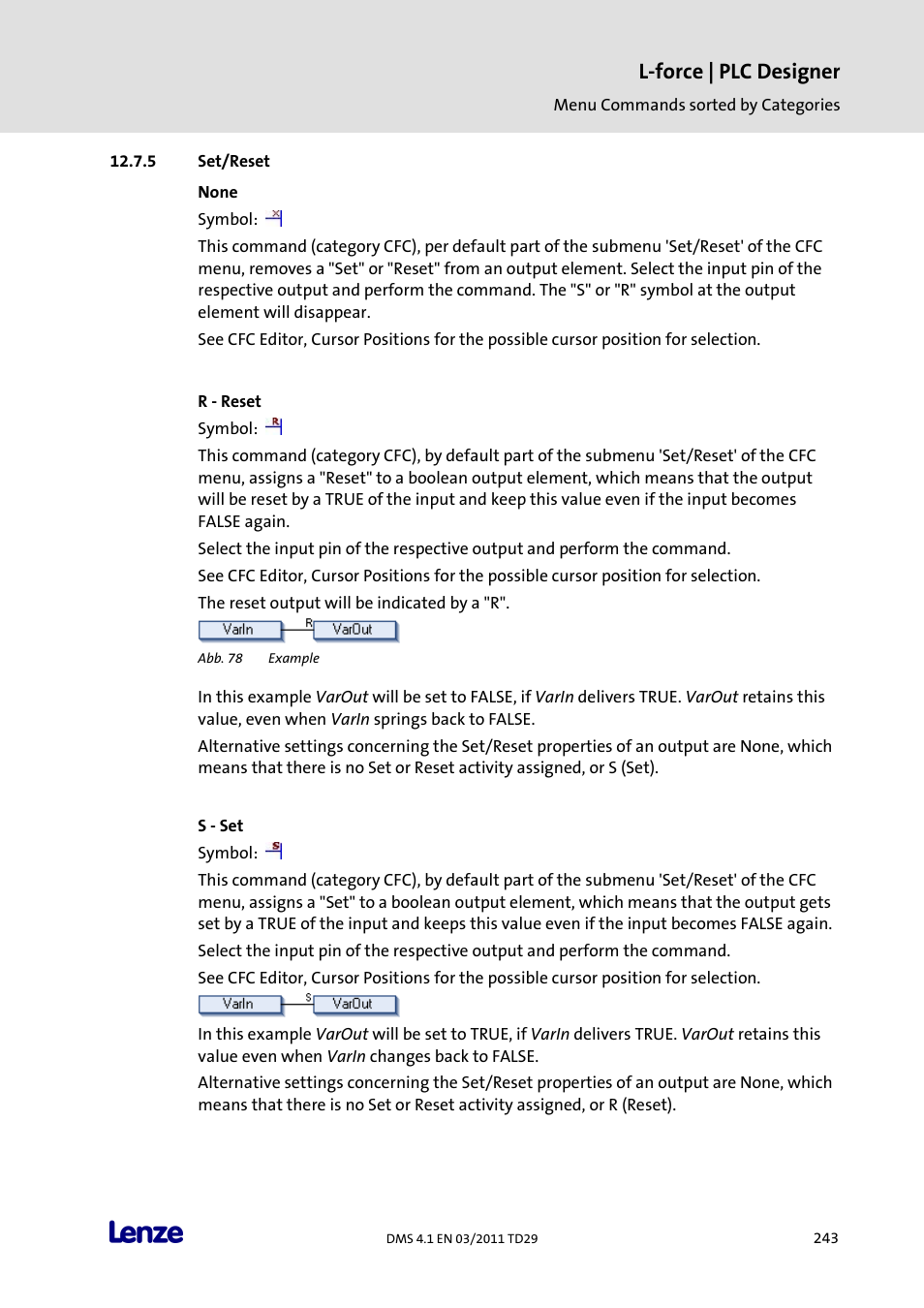 Set/reset, None, R - reset | S - set, L-force | plc designer | Lenze PLC Designer PLC Designer (R3-1) User Manual | Page 245 / 1170