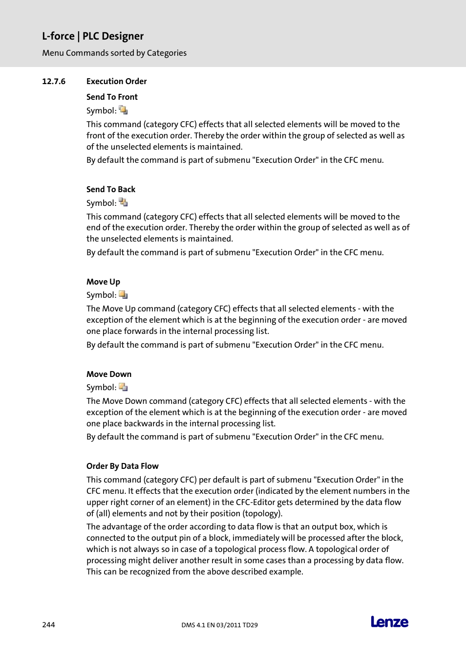 Execution order, Send to front, Send to back | Move up, Move down, Order by data flow, L-force | plc designer | Lenze PLC Designer PLC Designer (R3-1) User Manual | Page 246 / 1170