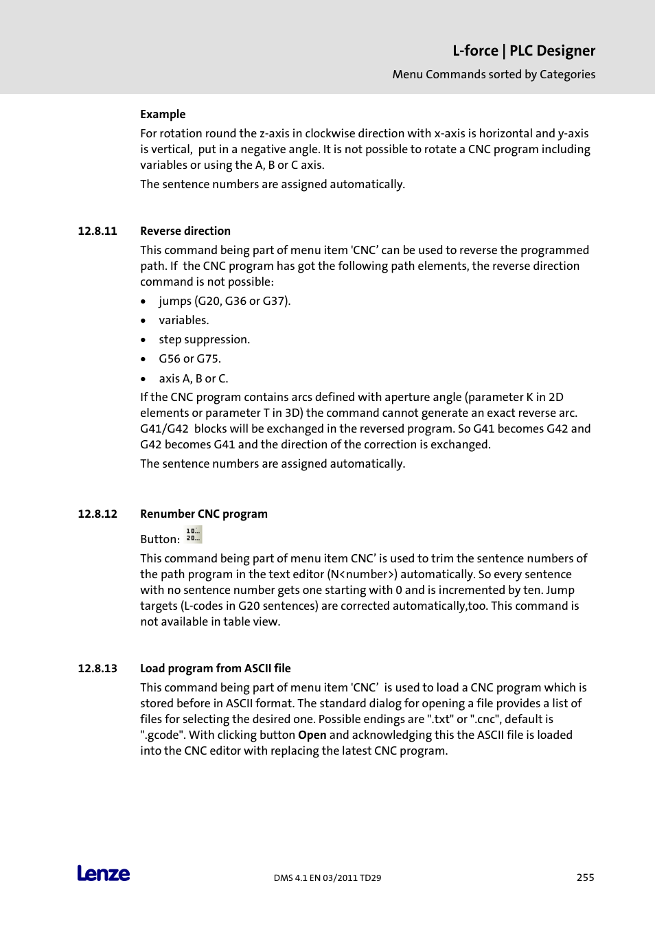 Reverse direction, Renumber cnc program, Load program from ascii file | L-force | plc designer | Lenze PLC Designer PLC Designer (R3-1) User Manual | Page 257 / 1170