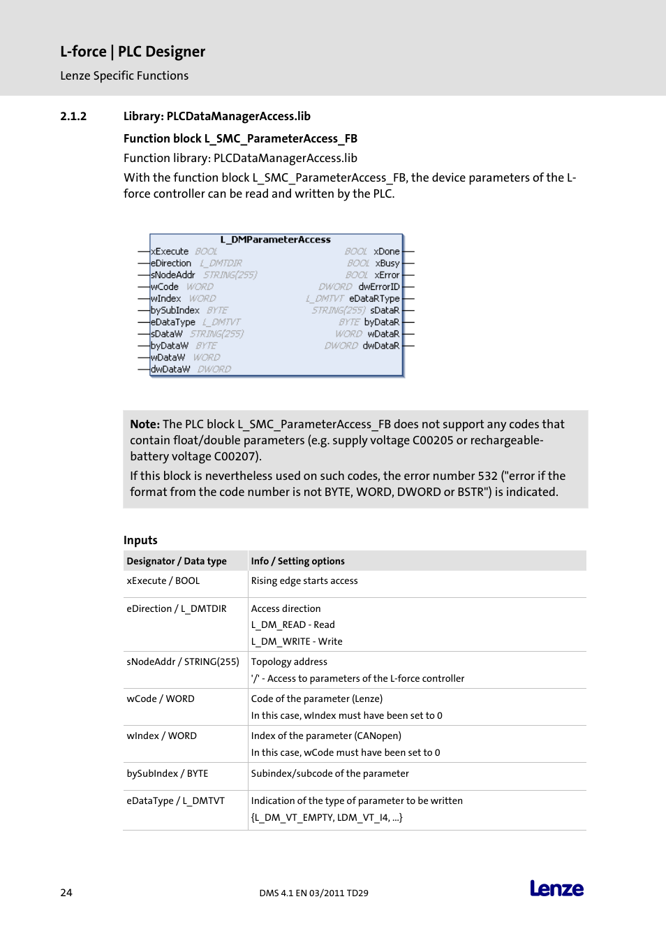 Library: plcdatamanageraccess.lib, Function block l_smc_parameteraccess_fb, L-force | plc designer | Lenze PLC Designer PLC Designer (R3-1) User Manual | Page 26 / 1170