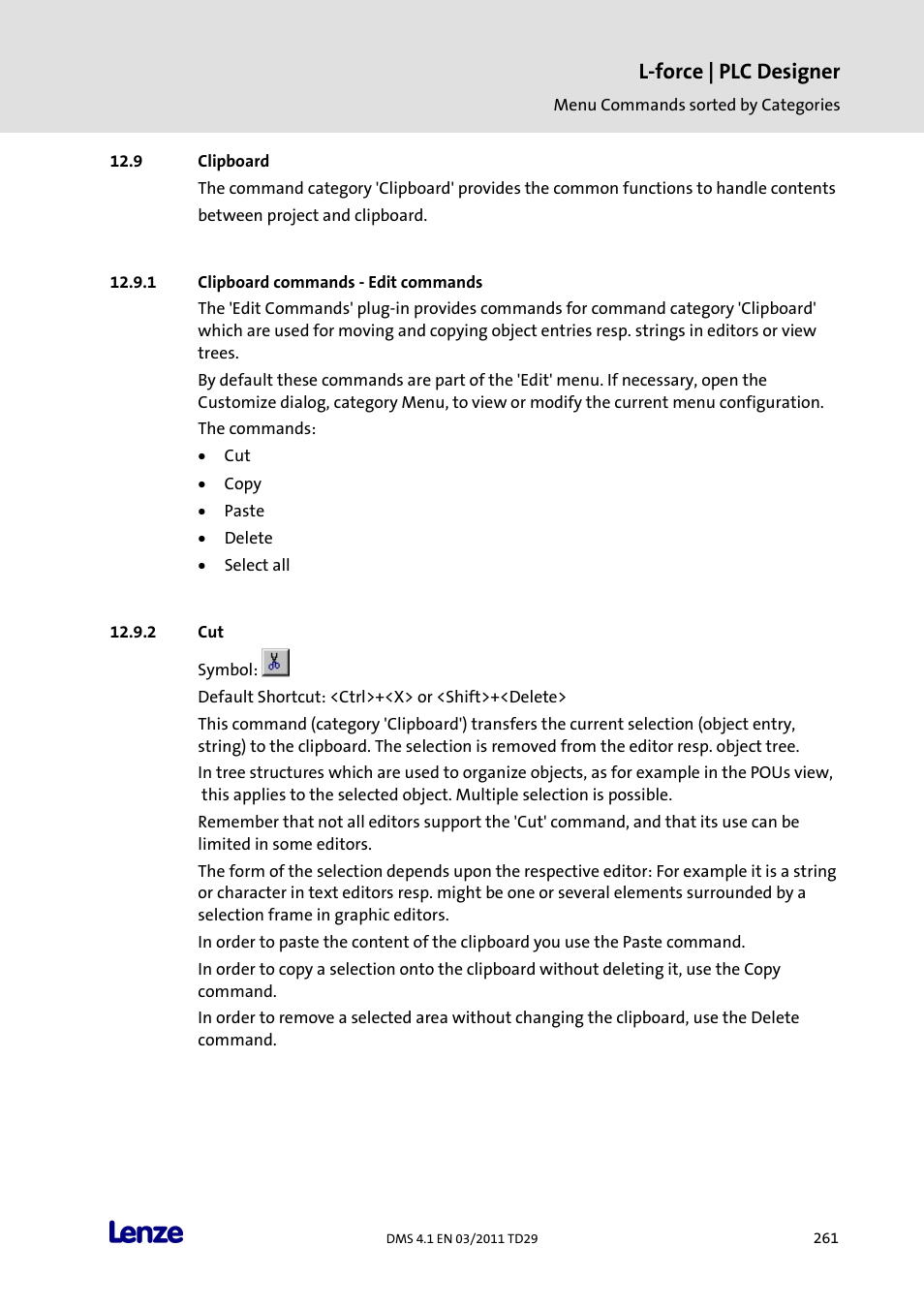 Clipboard, Clipboard commands - edit commands, L-force | plc designer | Lenze PLC Designer PLC Designer (R3-1) User Manual | Page 263 / 1170