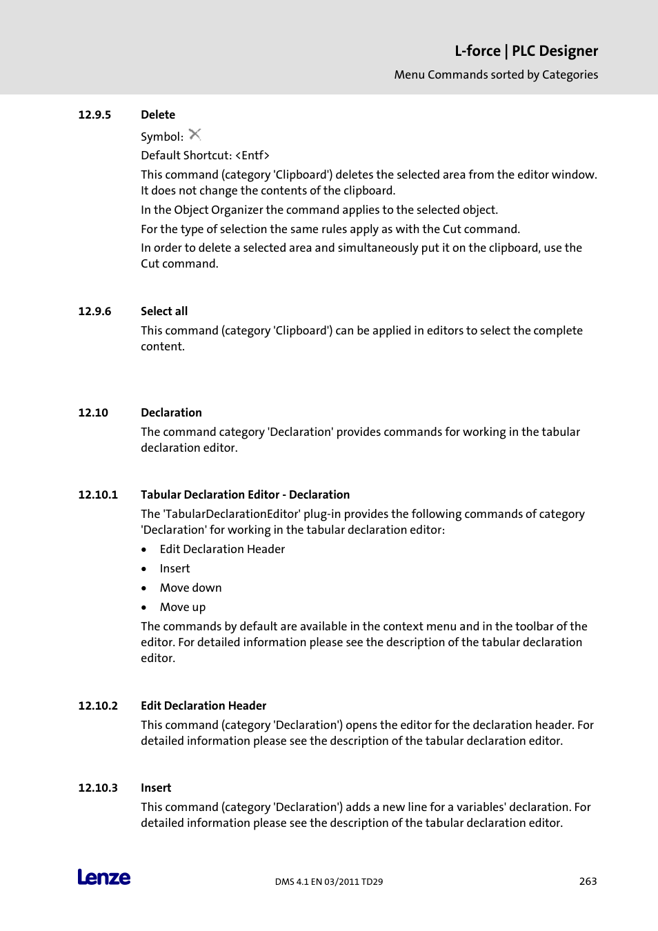 Delete, Select all, Declaration | Tabular declaration editor - declaration, Edit declaration header, Insert, L-force | plc designer | Lenze PLC Designer PLC Designer (R3-1) User Manual | Page 265 / 1170