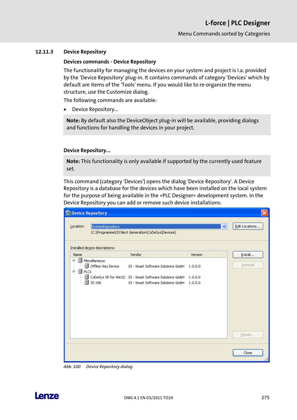 Device repository, Devices commands - device repository, L-force | plc designer | Lenze PLC Designer PLC Designer (R3-1) User Manual | Page 277 / 1170