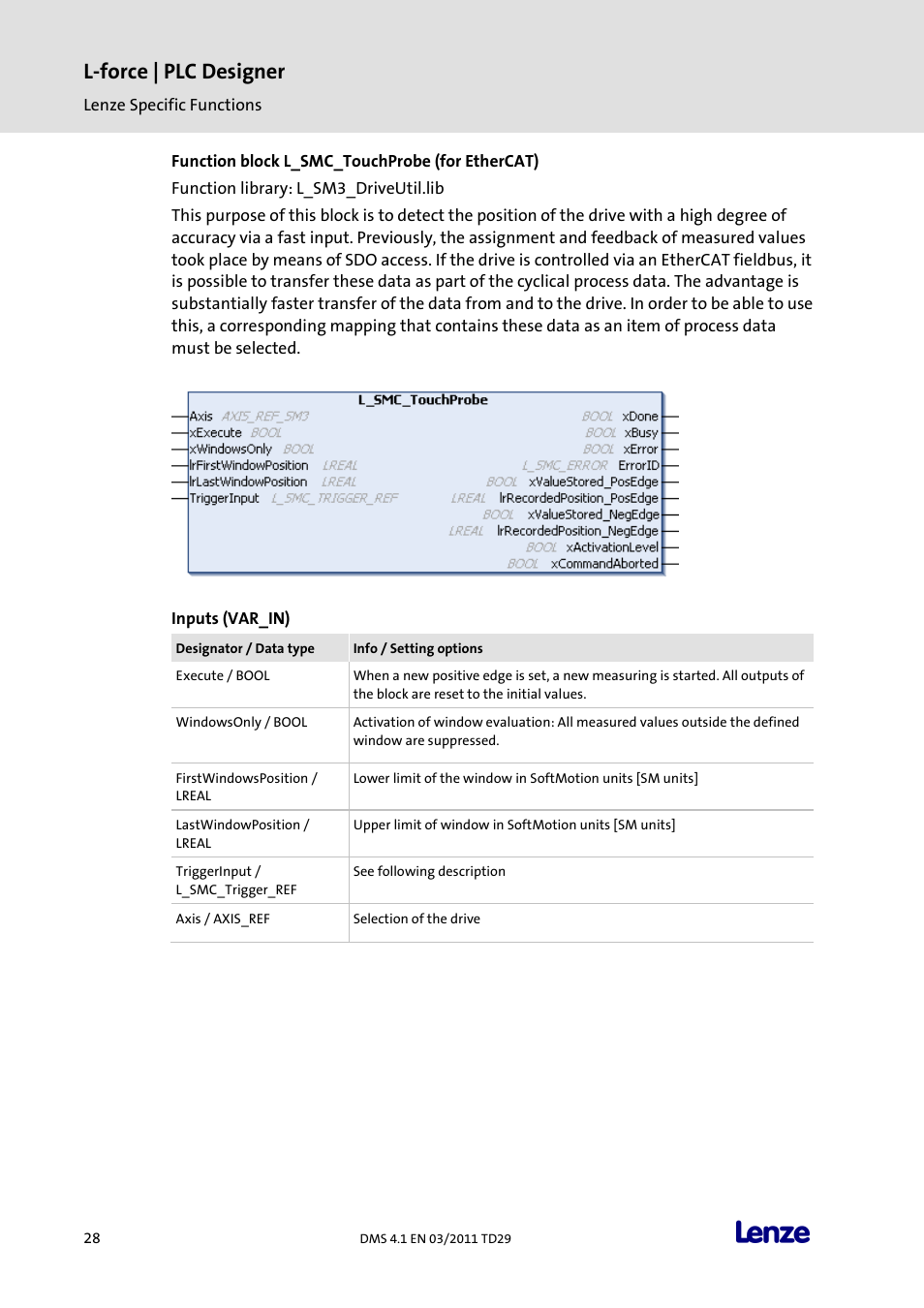 Function block l_smc_touchprobe (for ethercat), L-force | plc designer | Lenze PLC Designer PLC Designer (R3-1) User Manual | Page 30 / 1170