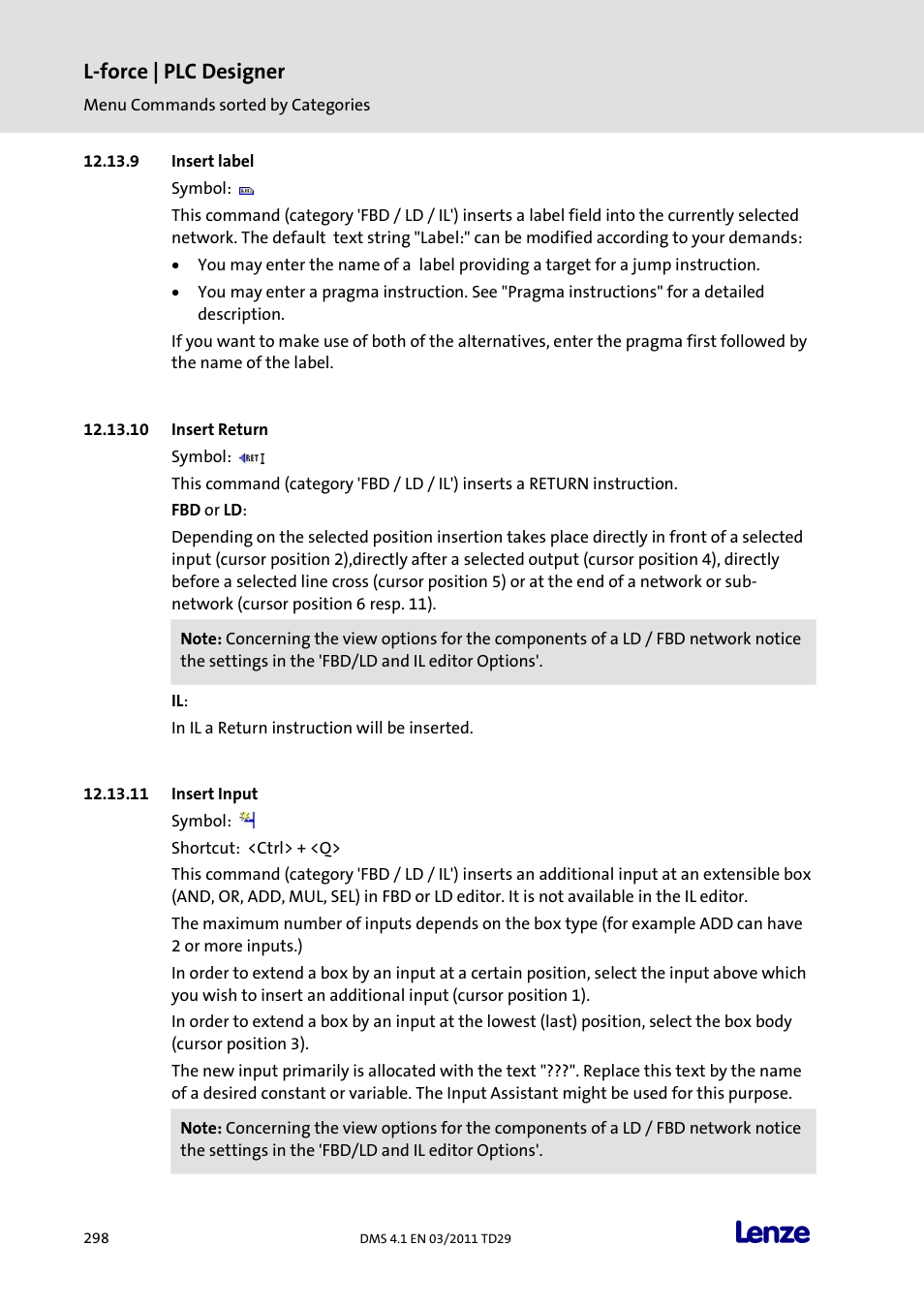 Insert label, Insert return, Insert input | L-force | plc designer | Lenze PLC Designer PLC Designer (R3-1) User Manual | Page 300 / 1170