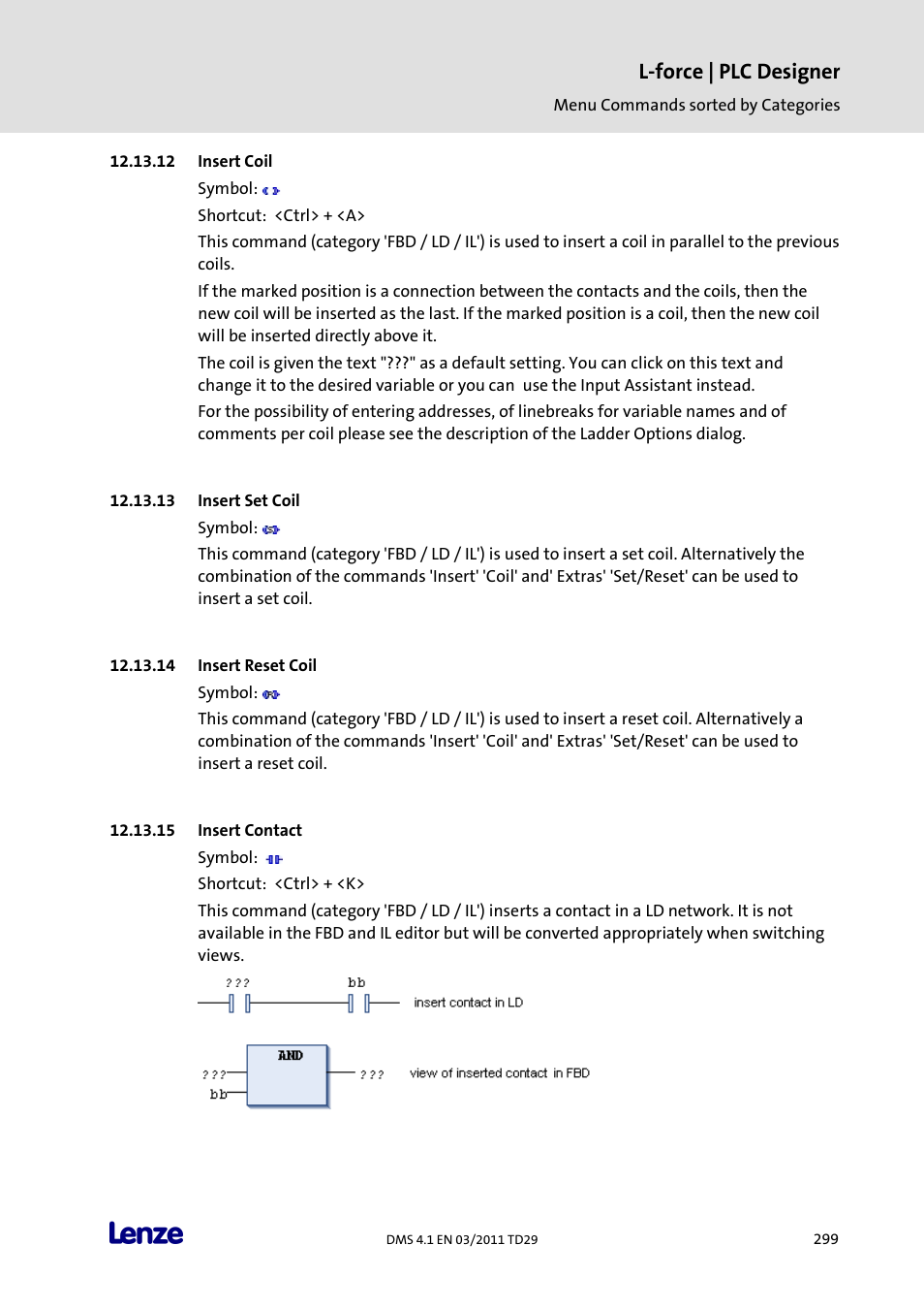 Insert coil, Insert set coil, Insert reset coil | Insert contact, L-force | plc designer | Lenze PLC Designer PLC Designer (R3-1) User Manual | Page 301 / 1170