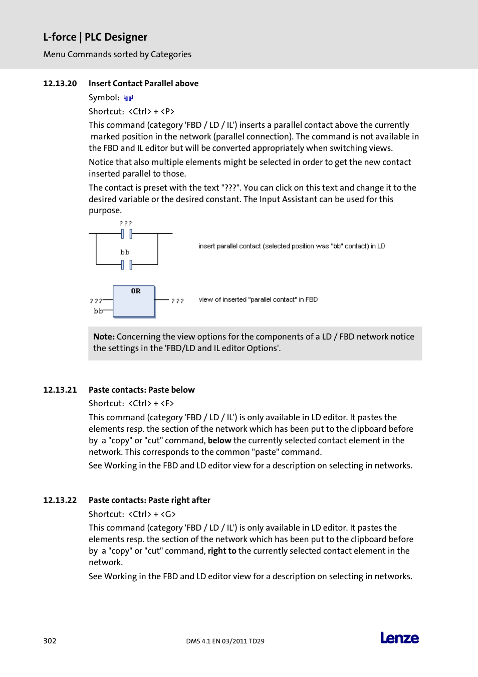 Insert contact parallel above, Paste contacts: paste below, Paste contacts: paste right after | L-force | plc designer | Lenze PLC Designer PLC Designer (R3-1) User Manual | Page 304 / 1170