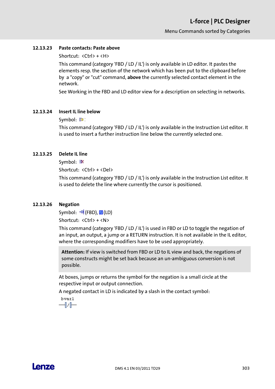 Paste contacts: paste above, Insert il line below, Delete il line | Negation, L-force | plc designer | Lenze PLC Designer PLC Designer (R3-1) User Manual | Page 305 / 1170