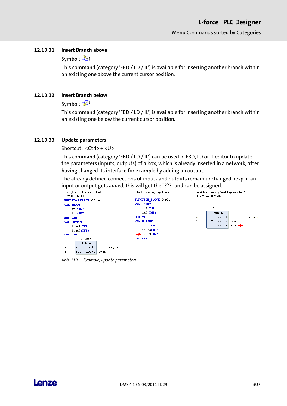 Insert branch above, Insert branch below, Update parameters | L-force | plc designer | Lenze PLC Designer PLC Designer (R3-1) User Manual | Page 309 / 1170
