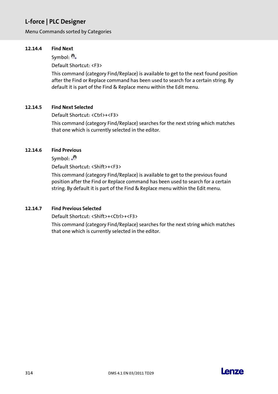 Find next, Find next selected, Find previous | Find previous selected, L-force | plc designer | Lenze PLC Designer PLC Designer (R3-1) User Manual | Page 316 / 1170