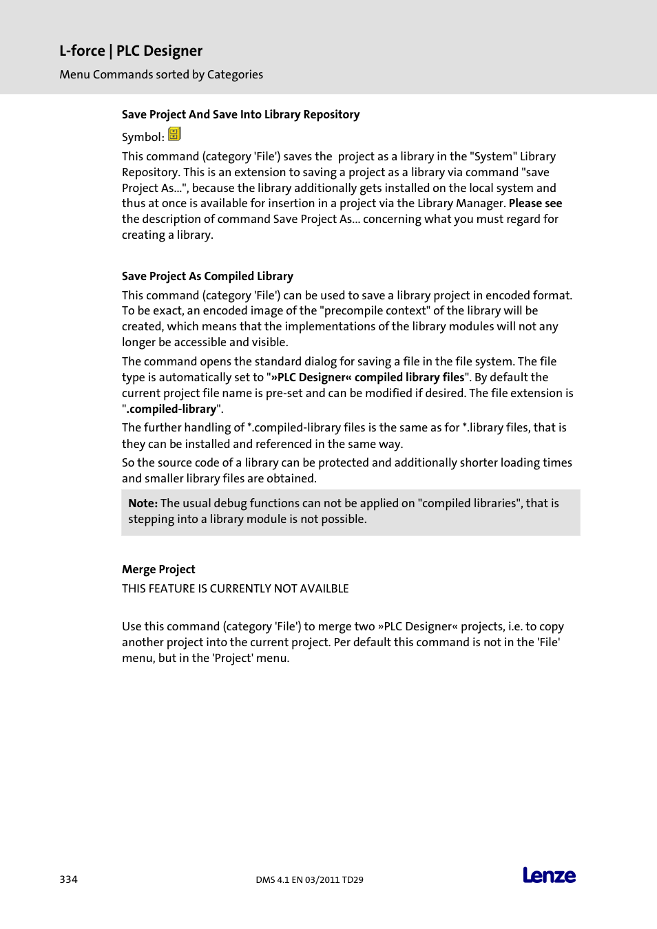 Save project and save into library repository, Save project as compiled library, Merge project | L-force | plc designer | Lenze PLC Designer PLC Designer (R3-1) User Manual | Page 336 / 1170