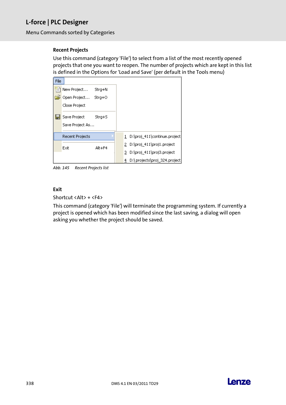 Recent projects, Exit, L-force | plc designer | Lenze PLC Designer PLC Designer (R3-1) User Manual | Page 340 / 1170