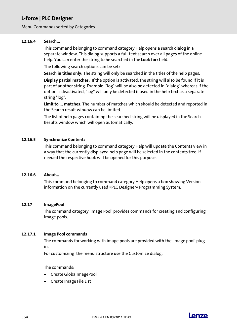 Search, Synchronize contents, About | Imagepool, Image pool commands, L-force | plc designer | Lenze PLC Designer PLC Designer (R3-1) User Manual | Page 366 / 1170